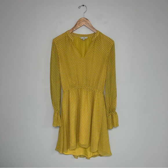Joie Silk Dress Women's Size XS Yellow Dotted Poet Sleeves Blouson Bodice - Picture 2 of 13